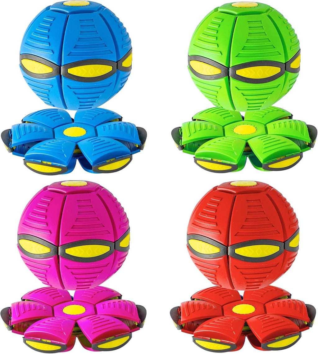 Four colorful transforming toys in blue, green, pink, and red on a white background