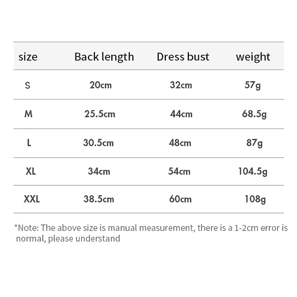 Table showing size chart for back length, dress bust, and weight.