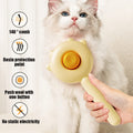 Cat being brushed with a grooming tool, featuring text on product features.
