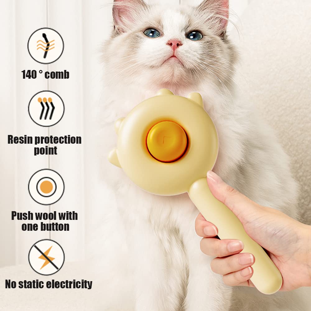 Cat being brushed with a grooming tool, featuring text on product features.