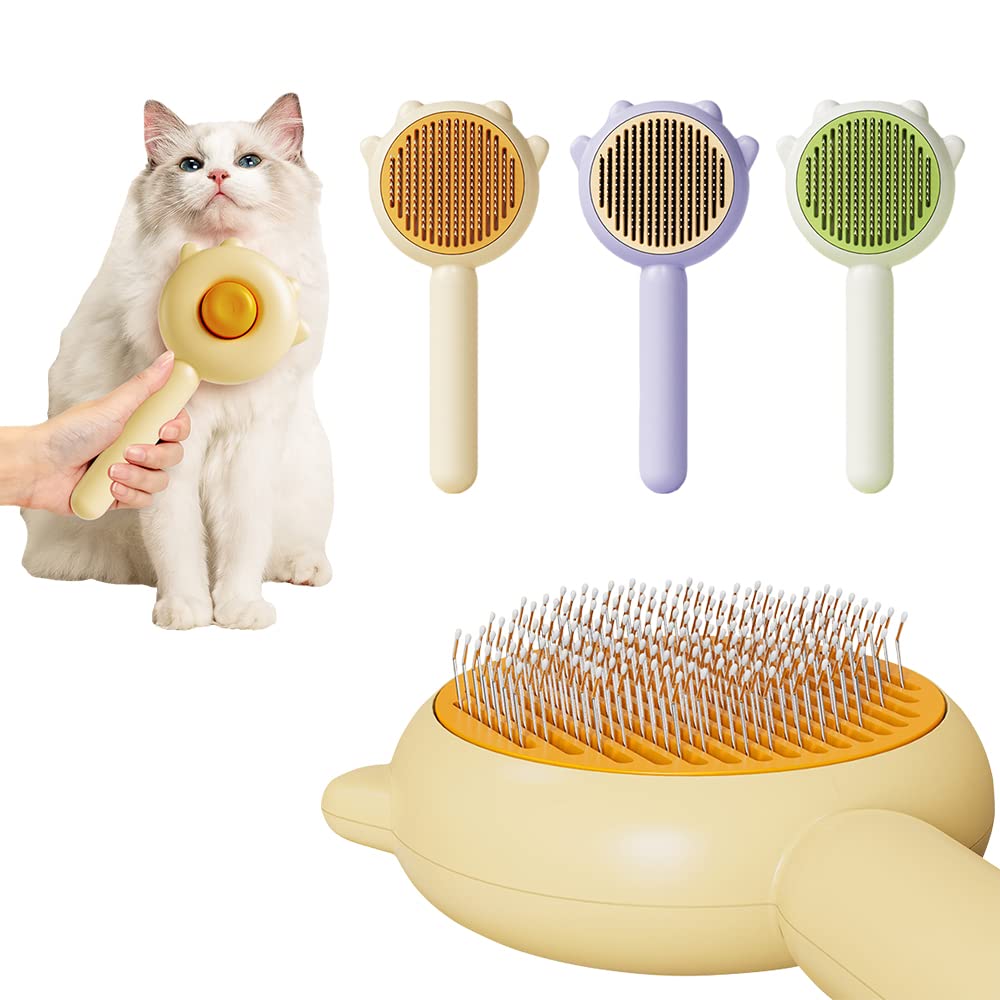 Cat grooming brush set with a cat and a hand holding a brush on a white background