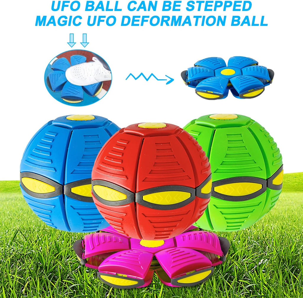 Colorful deformation ball with text on a grass background