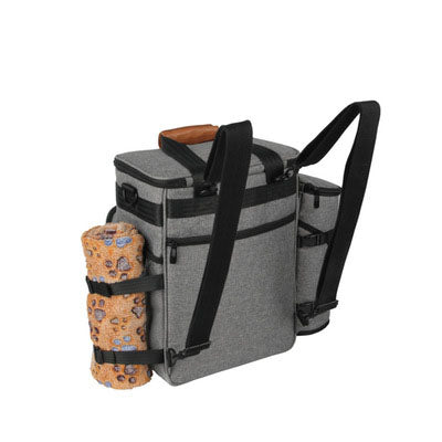 Gray backpack cooler with a bottle holder and rock design on a white background
