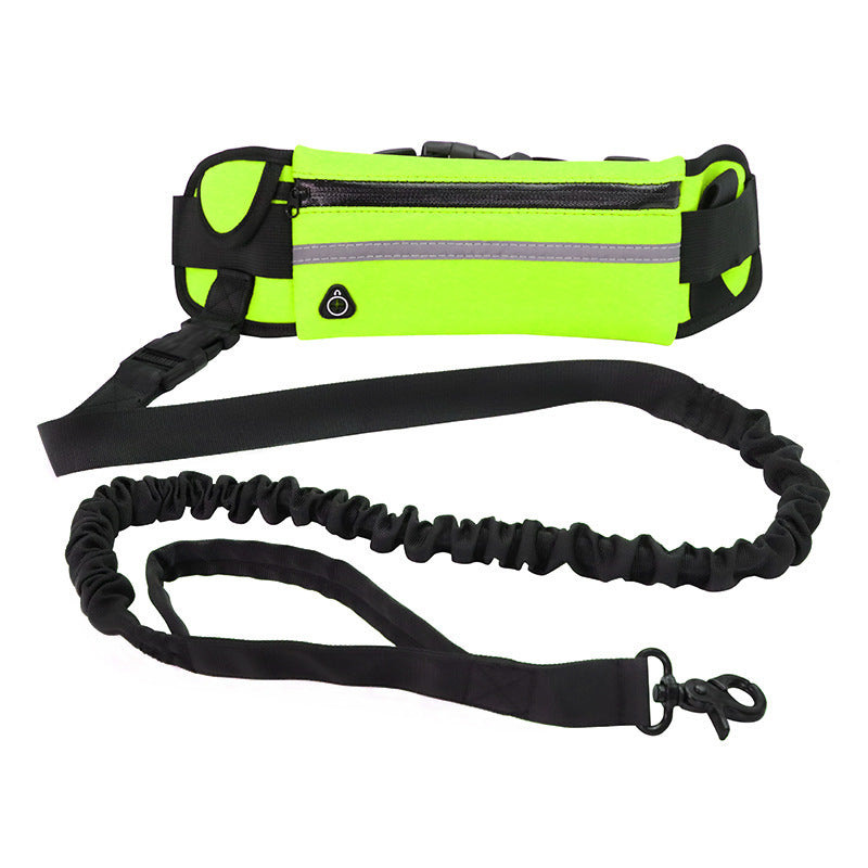 Neon green waist bag with black leash on a white background
