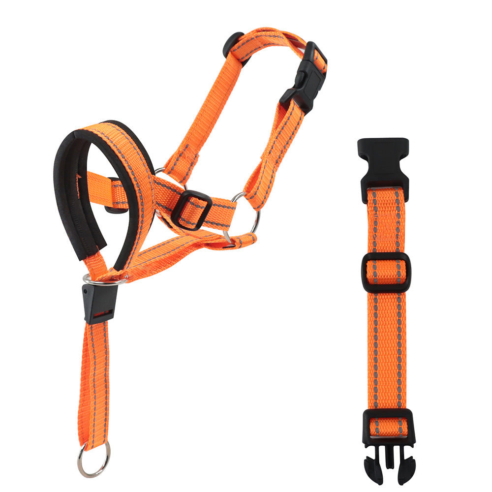 Orange dog muzzle with black straps on a white background