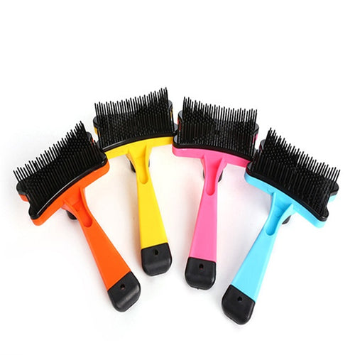 Set of five grooming brushes with colorful handles on a white background