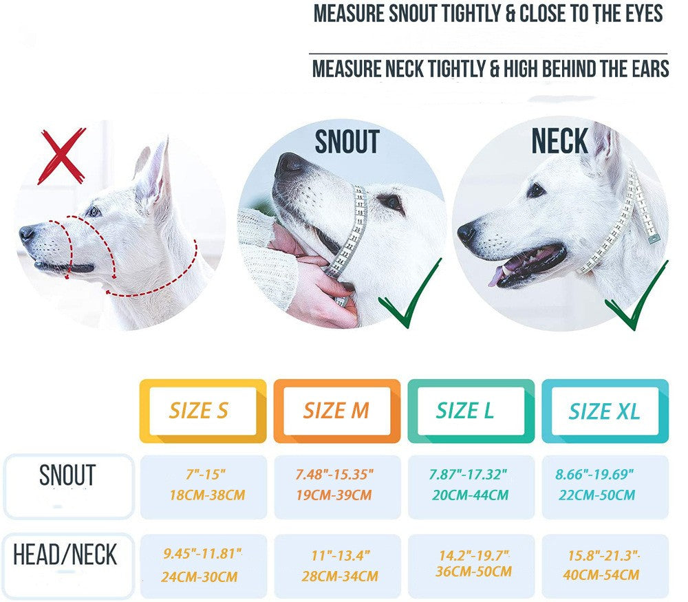Measurement guide for dog muzzles with a white dog illustration and size chart.