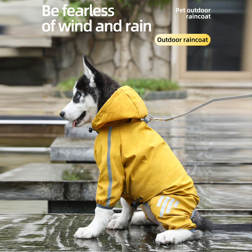 Dog wearing a yellow raincoat with text 'Be fearless of wind and rain' and 'Outdoor raincoat'.