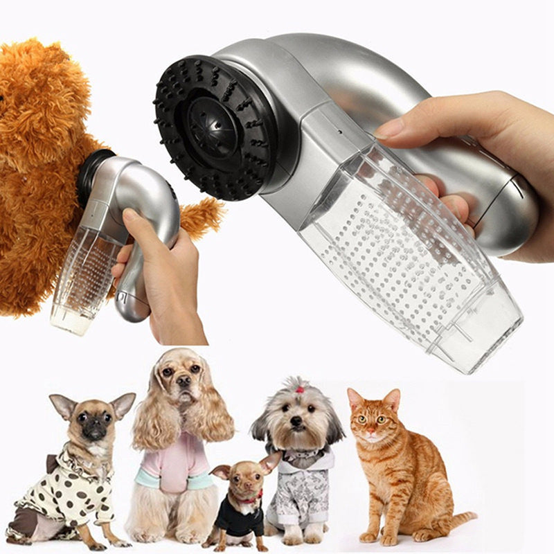 Pet grooming tool with a hand holding it, surrounded by various pets on a white background.