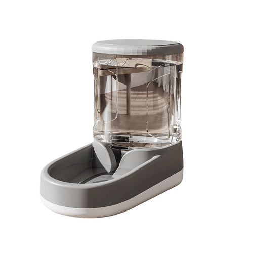 Pet water fountain with clear reservoir and gray base on a white background