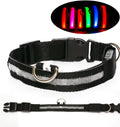 Black dog collar with reflective strip and LED light feature on a white background