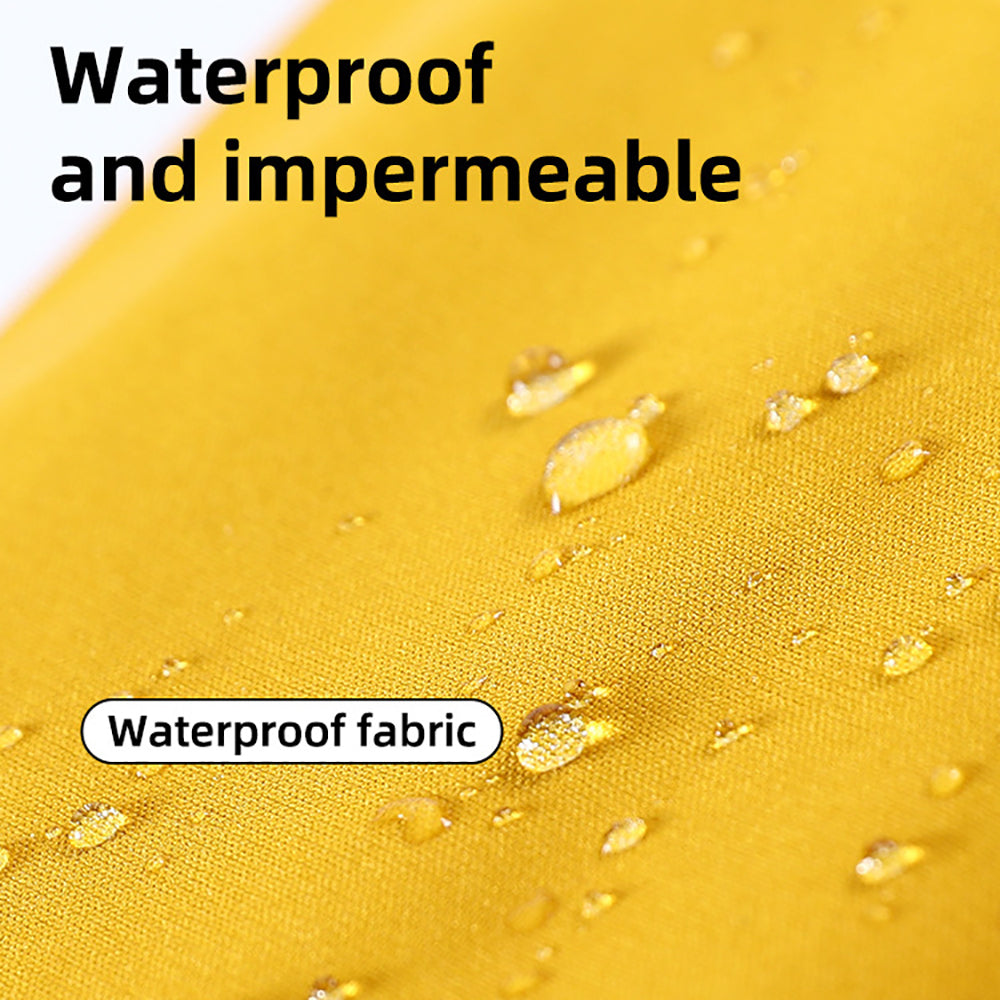 Yellow fabric with water droplets and text indicating waterproof and impermeable properties.