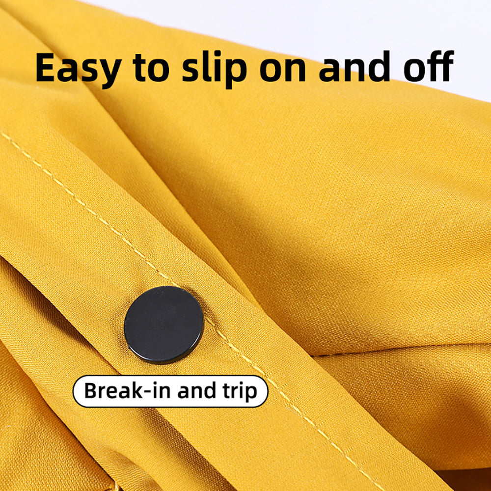 Close-up of a yellow fabric with a button and text indicating ease of use.