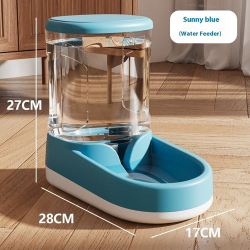 Pet water feeder with measurements on a wooden floor