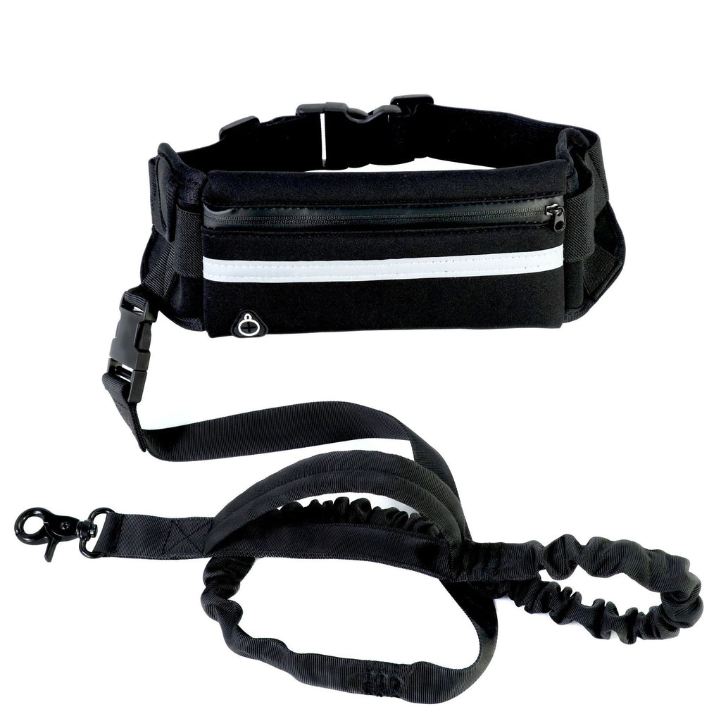 Black waist bag with reflective strip and bungee leash on a white background