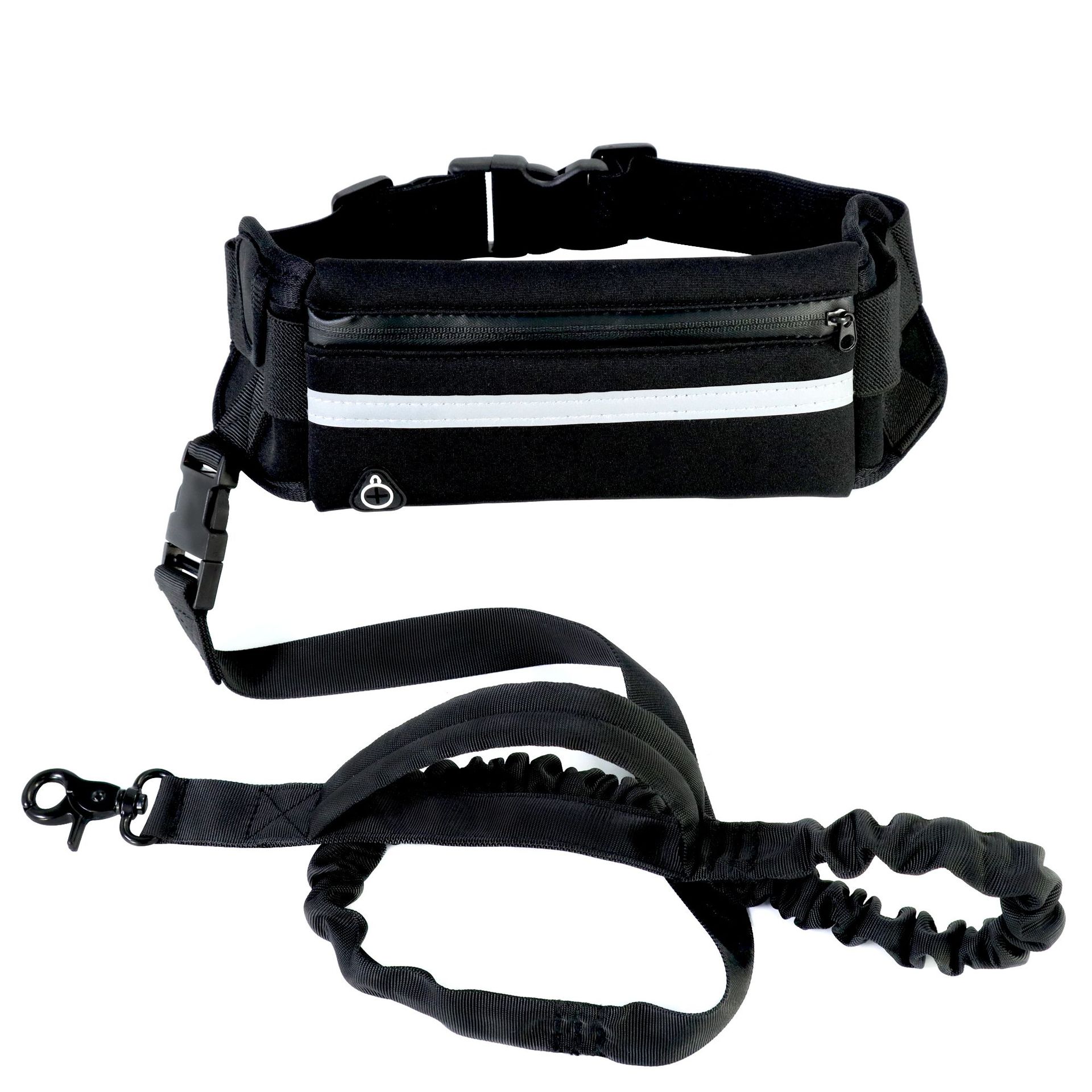 Black waist bag with reflective strip and bungee leash on a white background