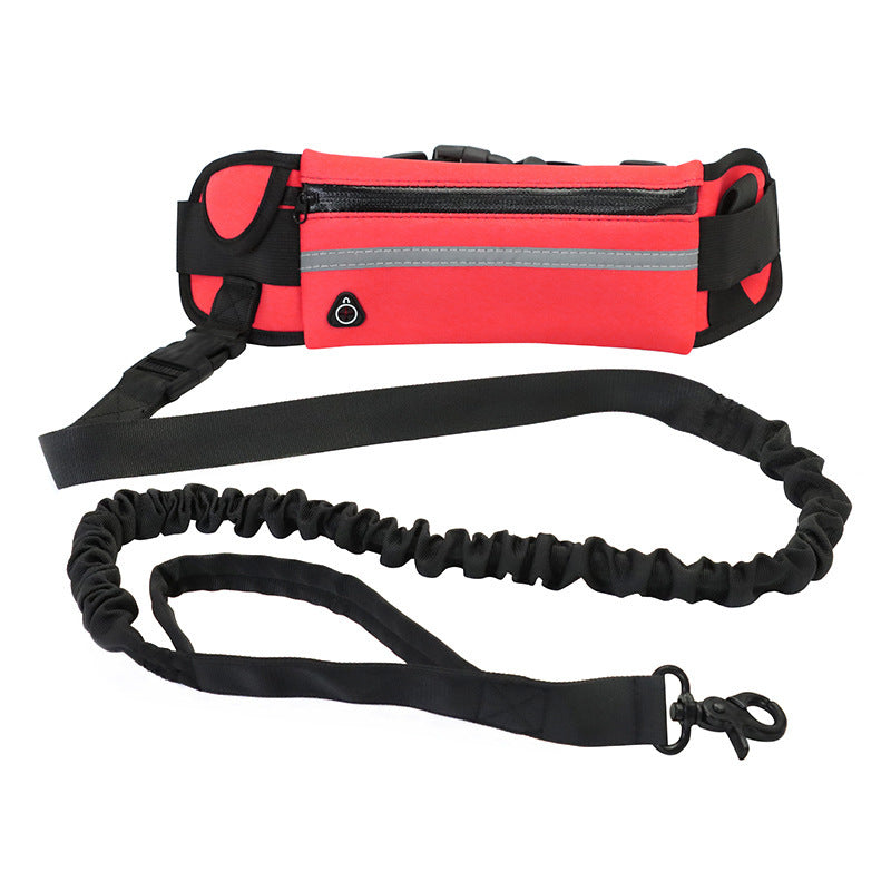 Red waist bag with black bungee leash on a white background