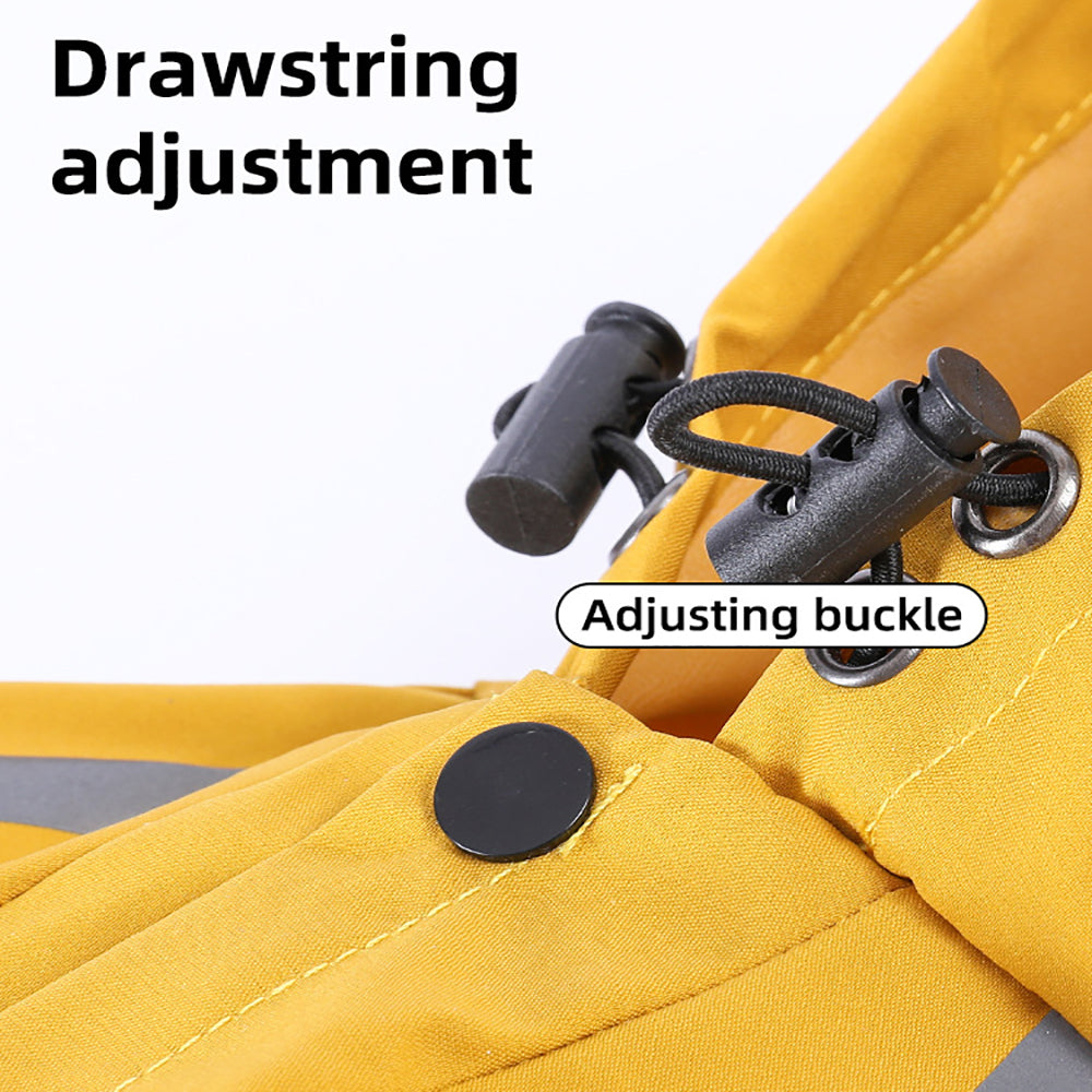 Close-up of a yellow bag with drawstring adjustment and adjusting buckle labeled.