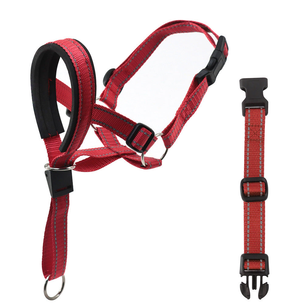 Red dog muzzle with black straps on a white background