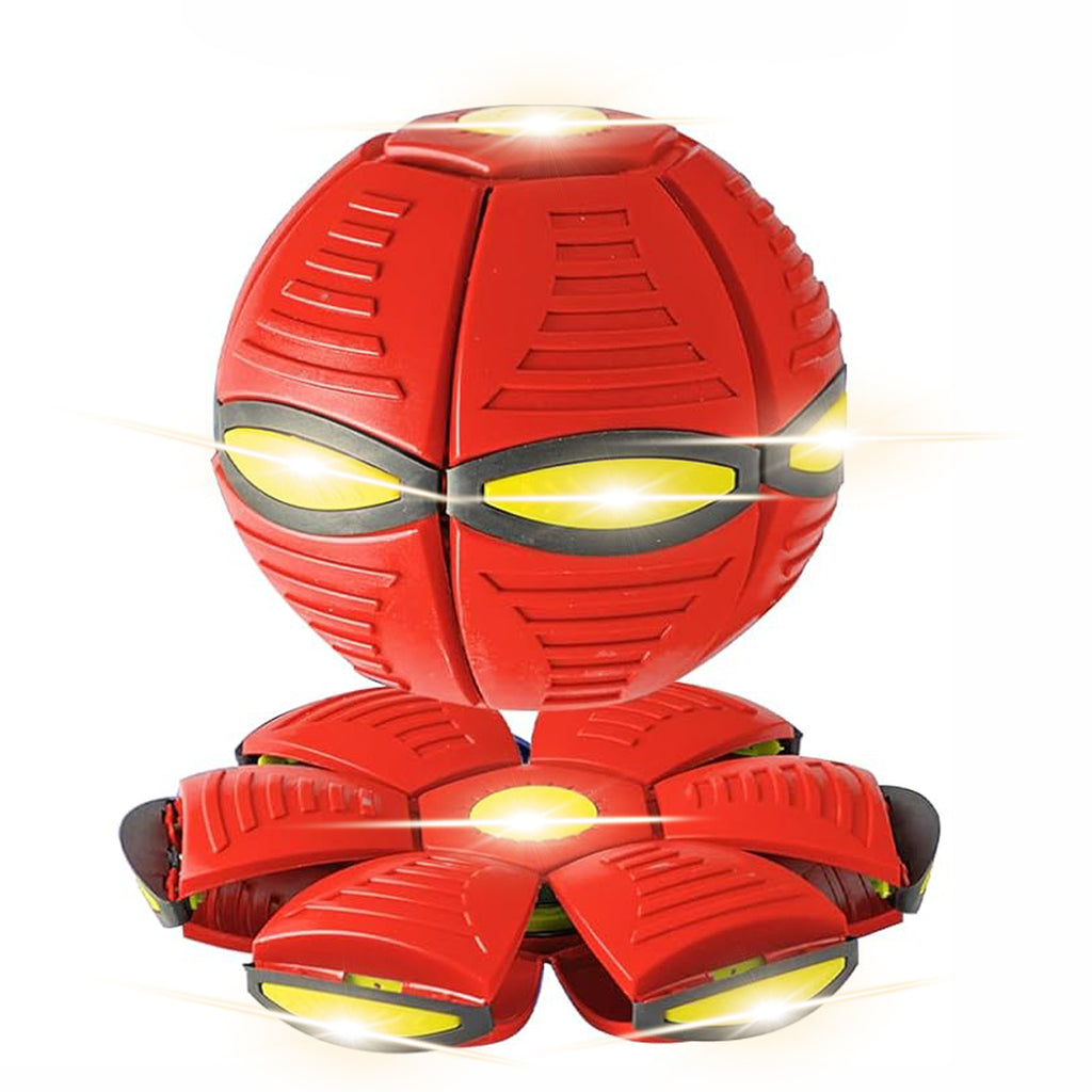 Red robot toy with glowing yellow eyes on a white background