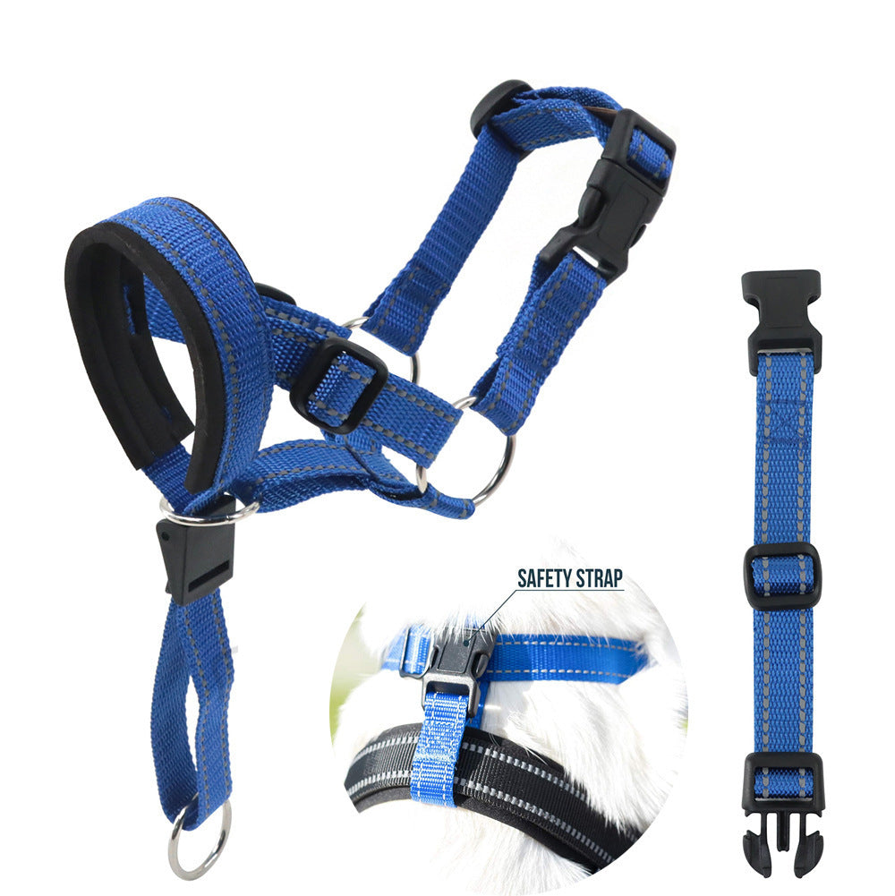 Blue dog muzzle with black straps on a white background