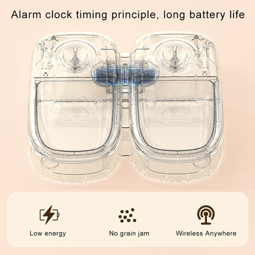 Two clear alarm clock components with text on a pink background